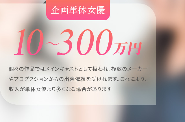 企画単体女優：10～300万円。個々の作品ではメインキャストとして扱われ、複数のメーカーやプロダクションからの出演依頼を受けれます。これにより、収入が単体女優より多くなる場合があります